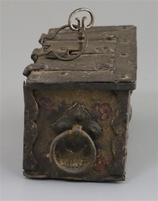 A 19th century 17th century style iron strong box, 6.5in.